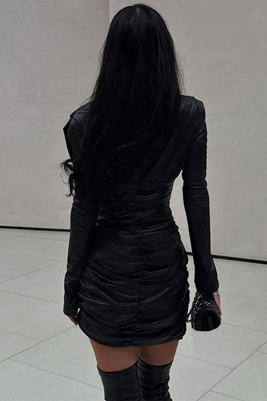 Glorol - Pleated Long-Sleeved V-Neck Slim Patchwork Mini Dress