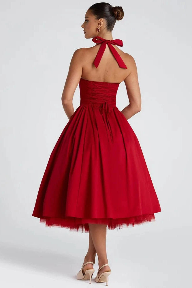 Glorol - Backless Square Collar Sleeveless High Waist A-Line Midi Dress