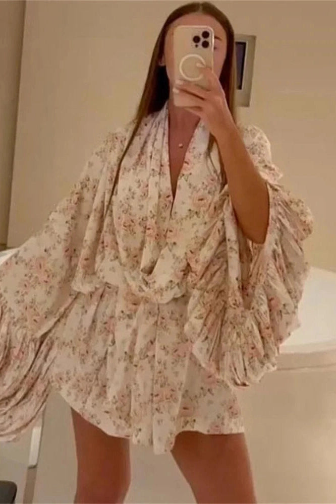 Glorol - Printed V-Neck Lace-Up Patchwork Loose Mini Dress