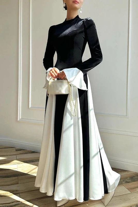 Glorol - Flared Sleeve Patchwork High Waist O Neck Maxi Dress
