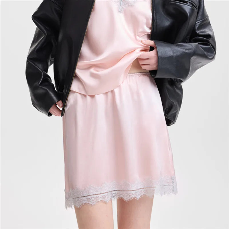 Glorol - Lace Trim Silky Slip Elastic Waist Skirt