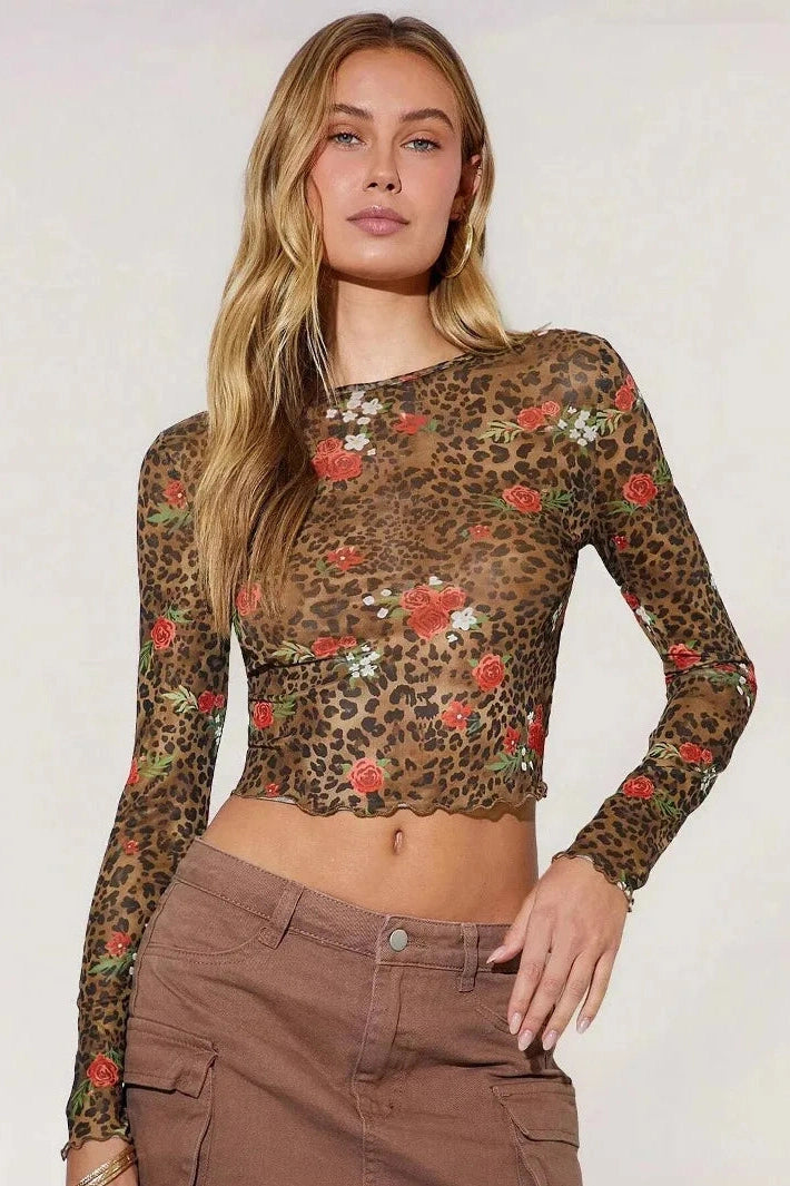 Glorol - Printed Mesh Round Neck Short Long Sleeve Top