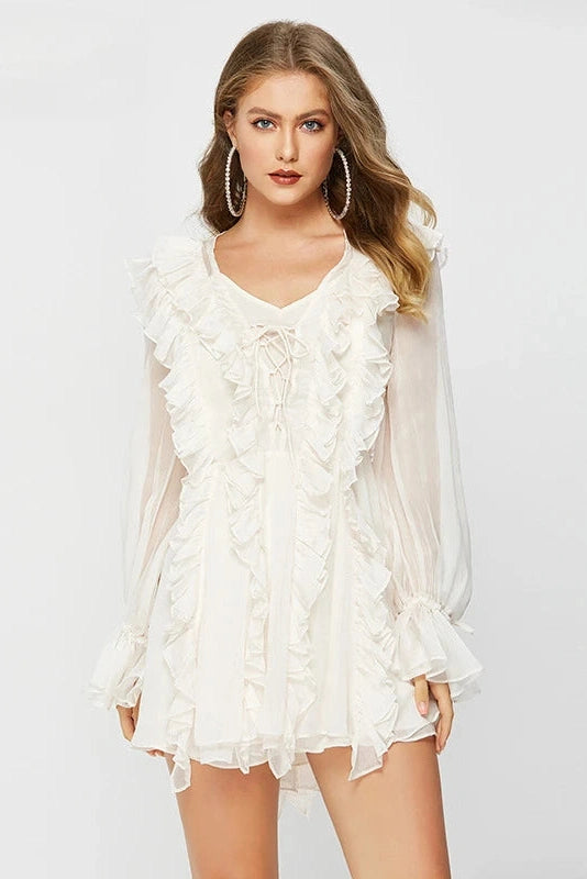 Glorol - Elegant Lace Deep V Neck Mini Dress