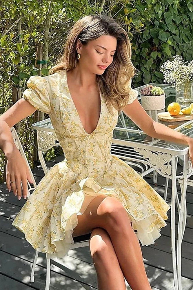 Glorol - Printed Deep V Neck Patchwork Short Sleeve Mini Dress