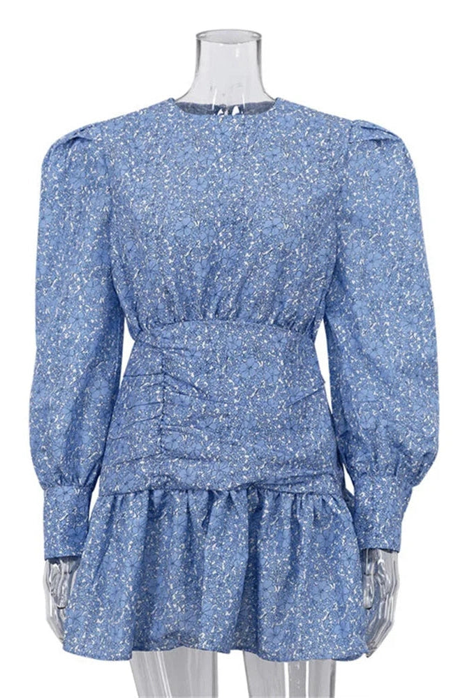 Glorol - Printed Long Sleeve Pleated Patchwork Slim Mini Dress