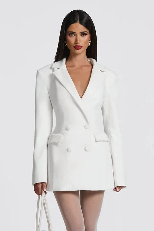 Glorol - Elegant Slim Double Breasted Pockets Mini Dress