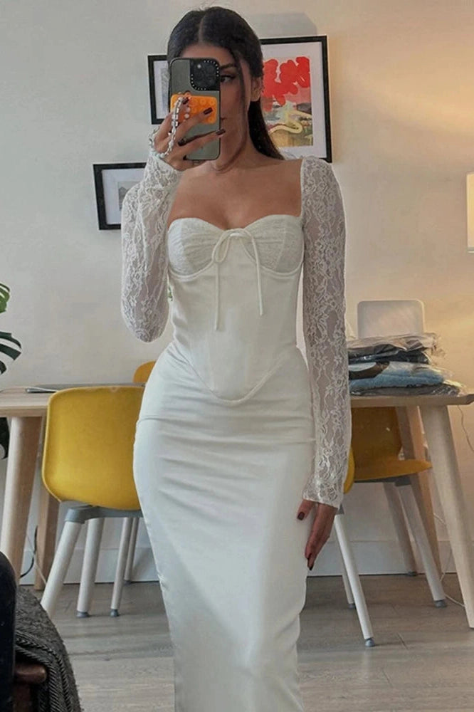 Glorol - Elegant Slim Lace Long Sleeve Lace Up Maxi Dress