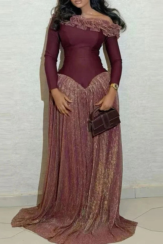 Glorol - Long Sleeve Slash Collar Slim Pleat Maxi Dress