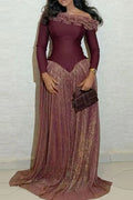 Glorol - Long Sleeve Slash Collar Slim Pleat Maxi Dress