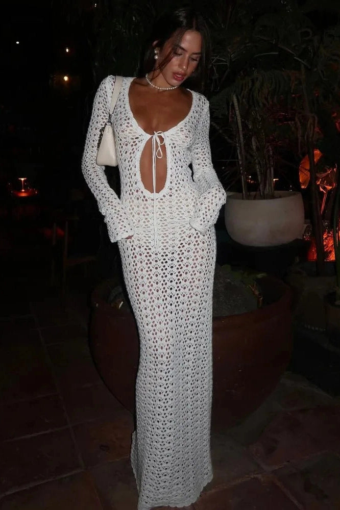 Glorol - Hollow Out Lace-Up Loose Maxi Dress