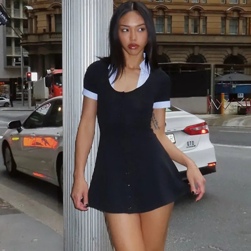 Glorol - Patchwork Short Sleeved Mini Dress
