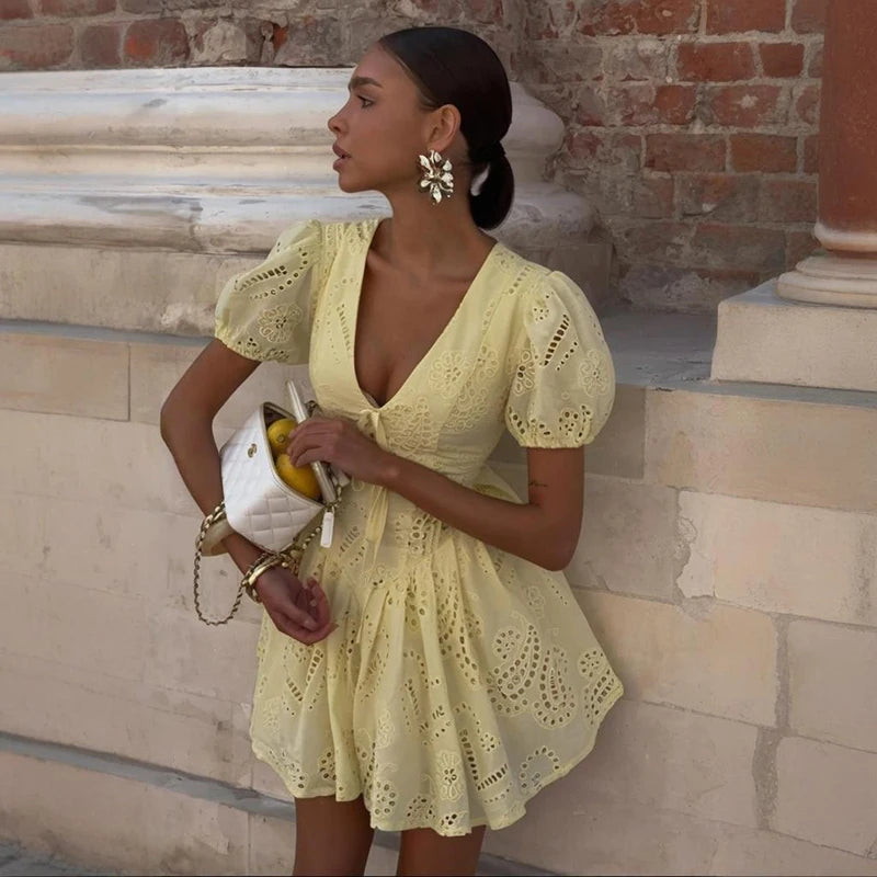 Glorol - Lace Up V Neck Short Sleeve A-Line Mini Dress