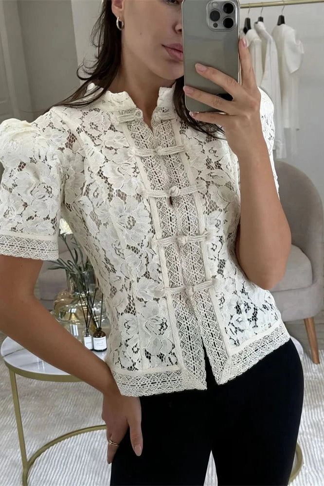 Glorol - Hollow Out Lace Short Sleeve Patchwork Top