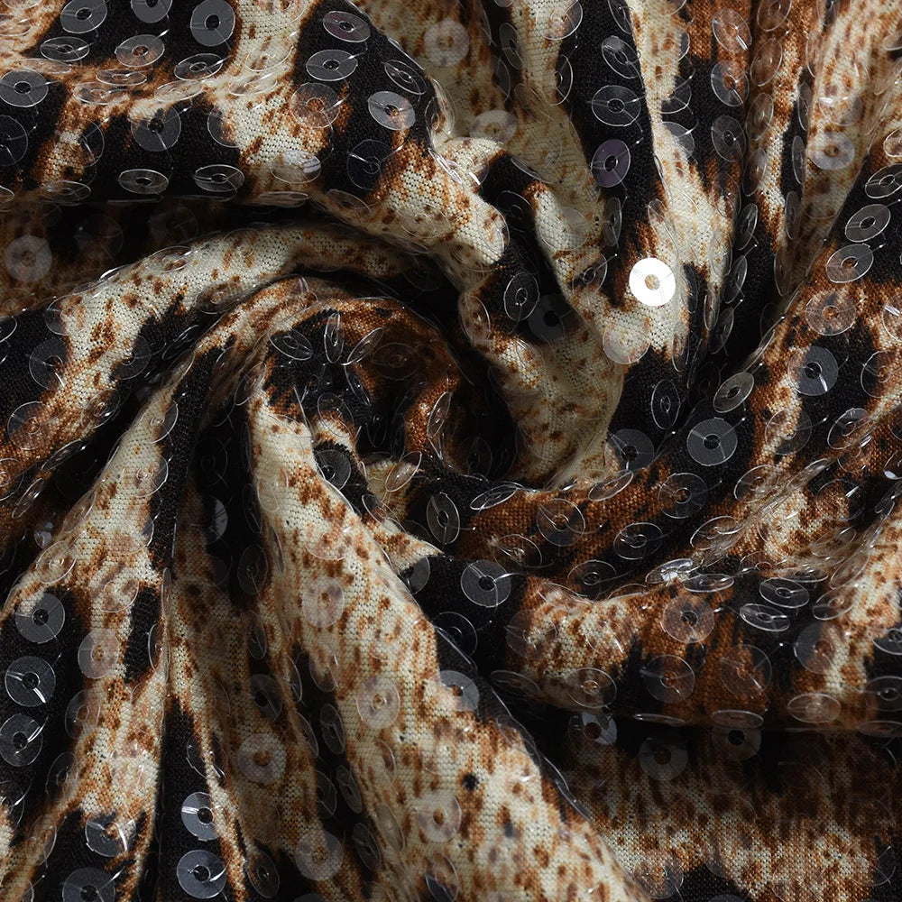 Glorol - Leopard Print Sequin Patchwork Skirt