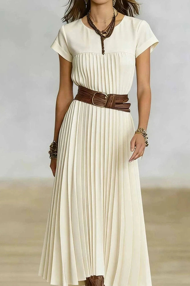 Glorol - O-Neck Short Sleeve Pleated Loose High Waist Midi Dress