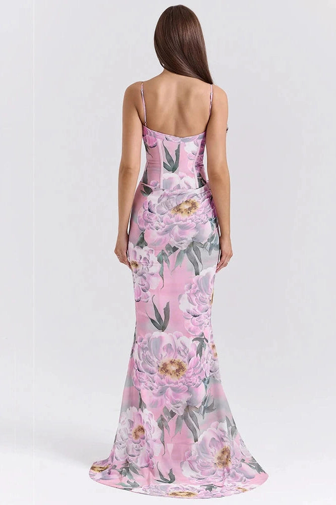 Glorol - Floral Spaghetti Strap Sleeveless Backless Maxi Dress