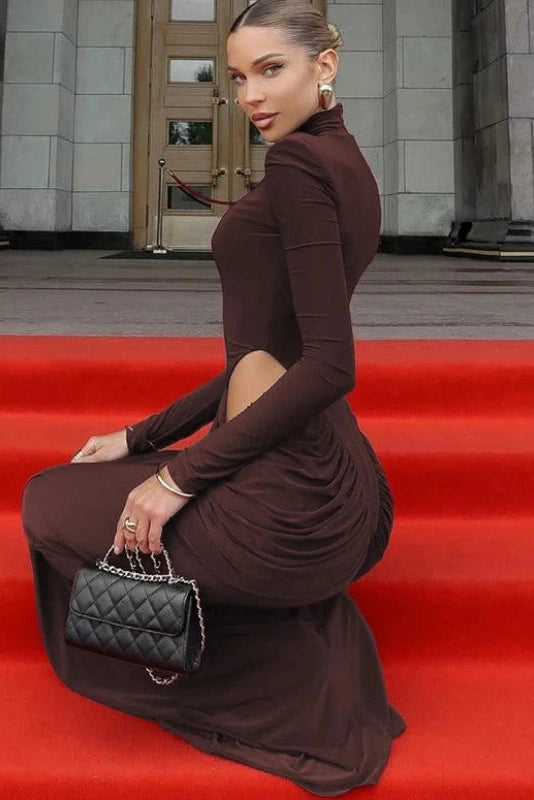 Glorol - Elegant Hollow Waist Pleated Long Sleeve Slim Maxi Dress