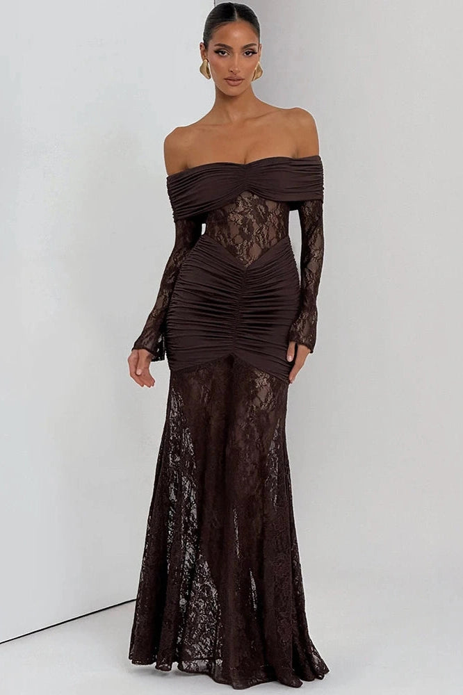 Glorol - Off-Shoulder Long Sleeve Lace See Through Strapless Bodycon Maxi Dress