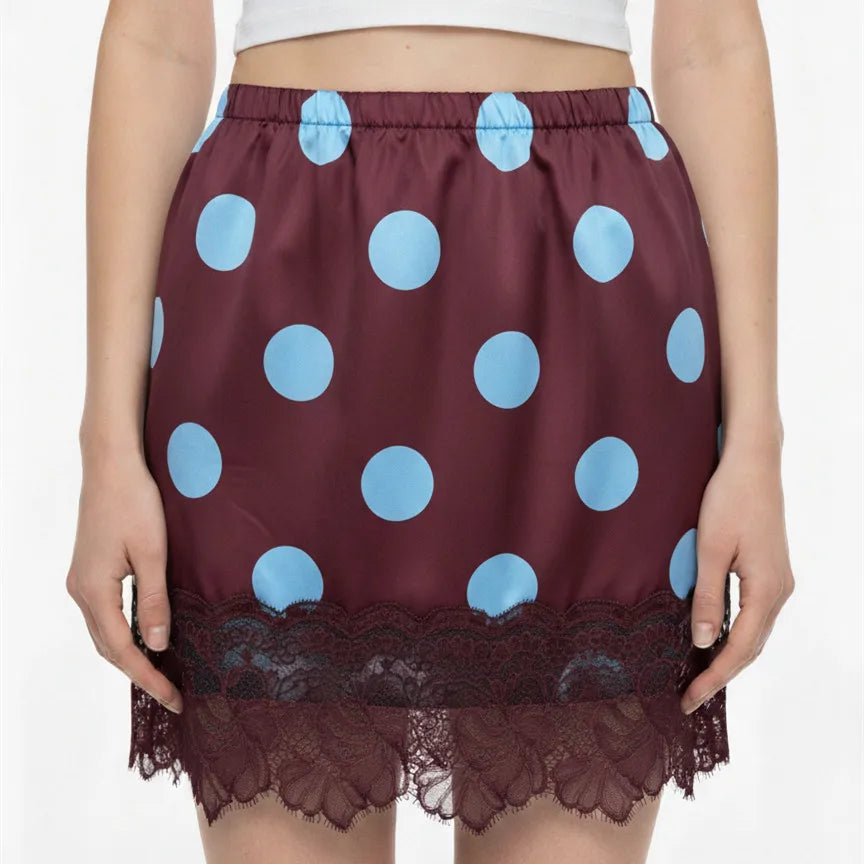 Glorol - Lace Trim Hem Dots Print High Waist Skirt