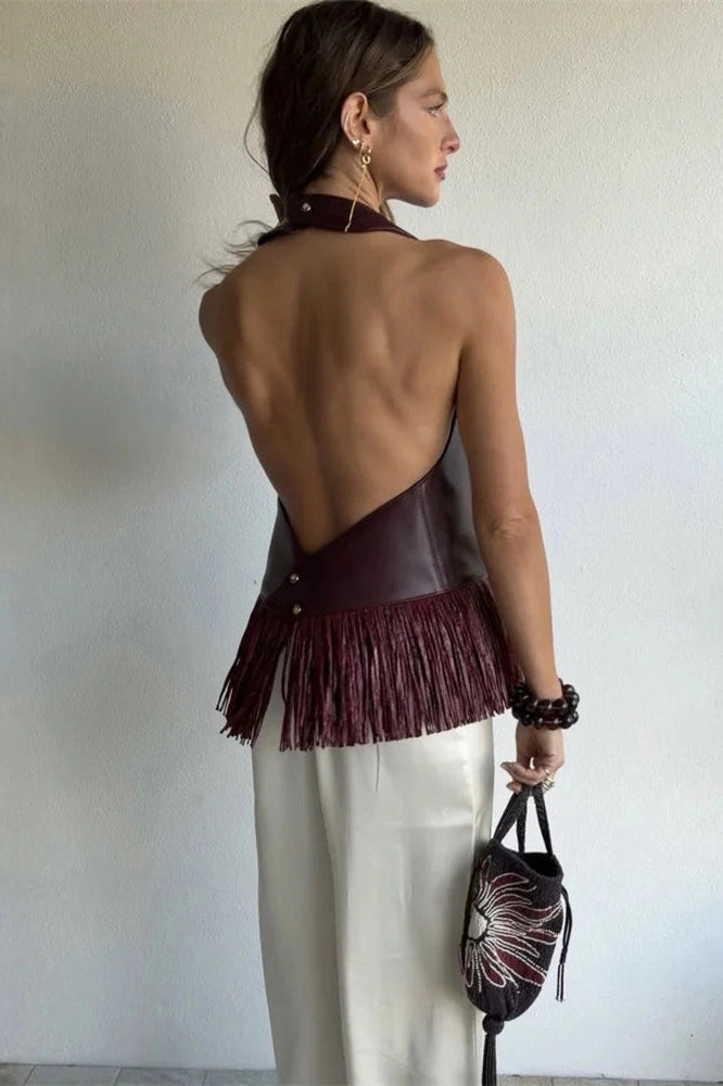 Glorol - PU Leather Backless Patchwork Slim Top