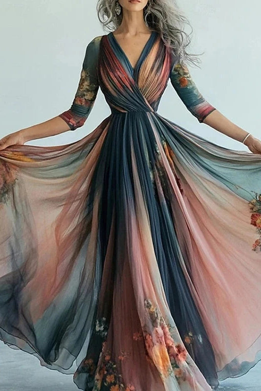 Glorol - Elegant Pleated V Neck Long Sleeve Printed Maxi Dress