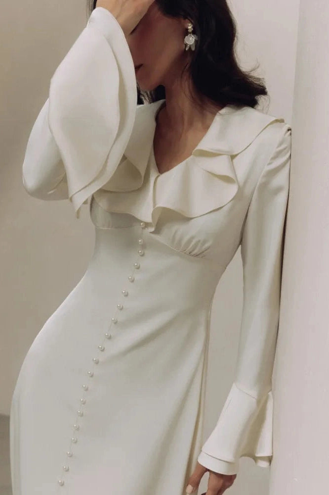 Glorol - Elegant V Neck Slim Long Sleeve High Waist Midi Dress