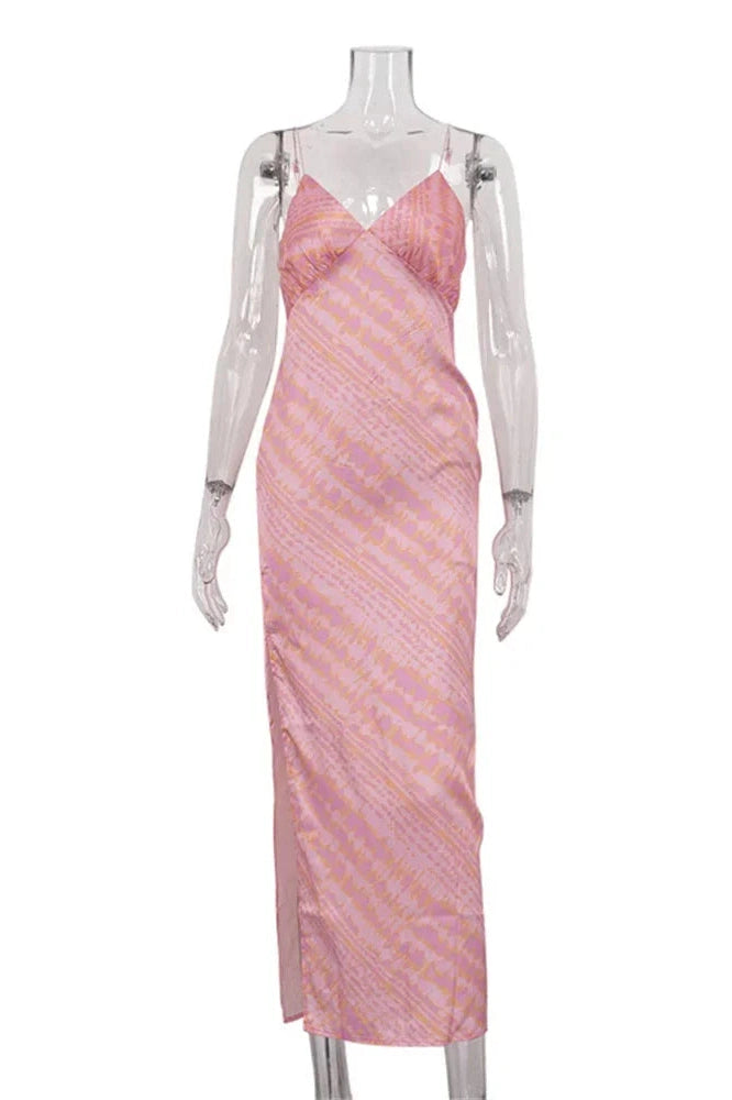Glorol - Printed V-Neck Backless Split Maxi Dress