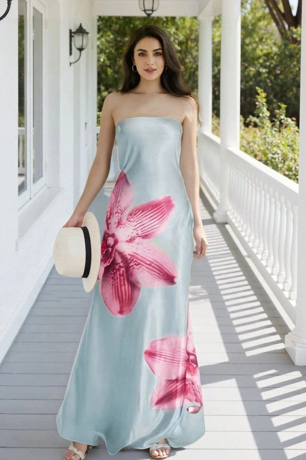 Glorol - Sleeveless Off-Shoulder Flower Print Maxi Dress
