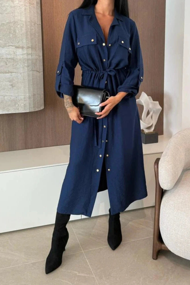 Glorol - Elegant Single Breasted Lace Up High Waist Midi Dress