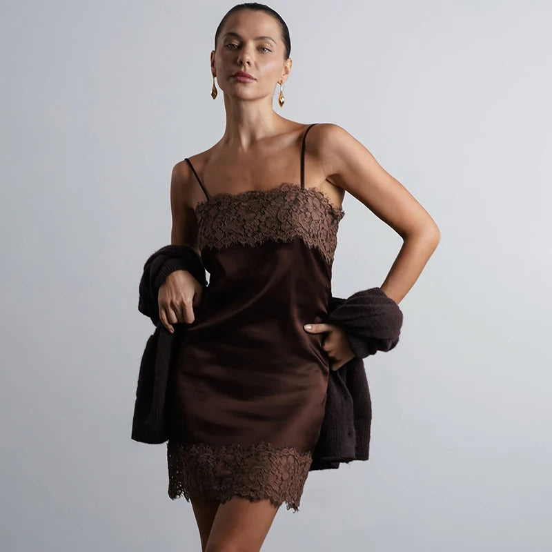 Glorol - Lace Sleeveless Loose Spaghetti Strap Mini Dress