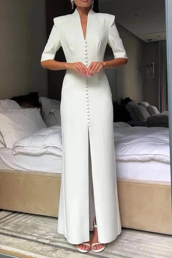 Glorol - Slim Half Sleeve High Waist Split V-Neck Single Breasted Maxi Dress