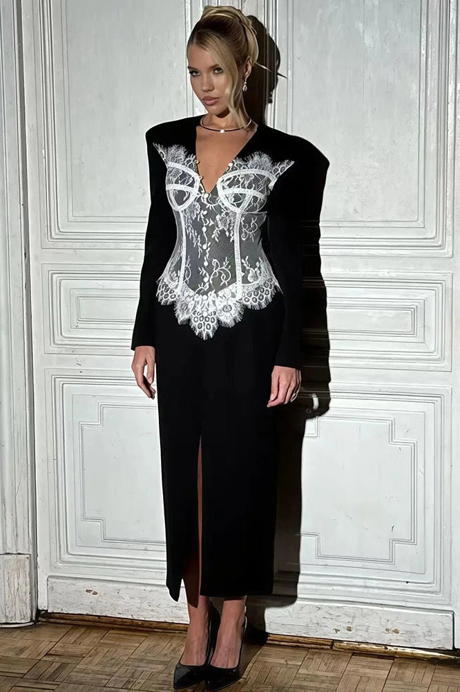 Glorol - Deep V Neck Long Sleeve Lace Patchwork Split Bodycon Maxi Dress