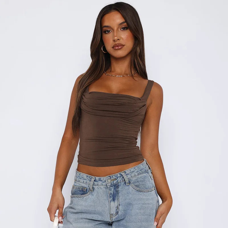 Glorol - Slim Backless Square Collar Pleated Sleeveless Top