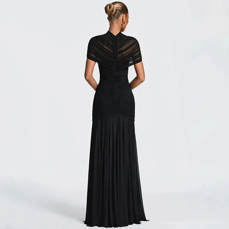 Glorol - Elegant Hollow Out Patchwork See Through Maxi Dress