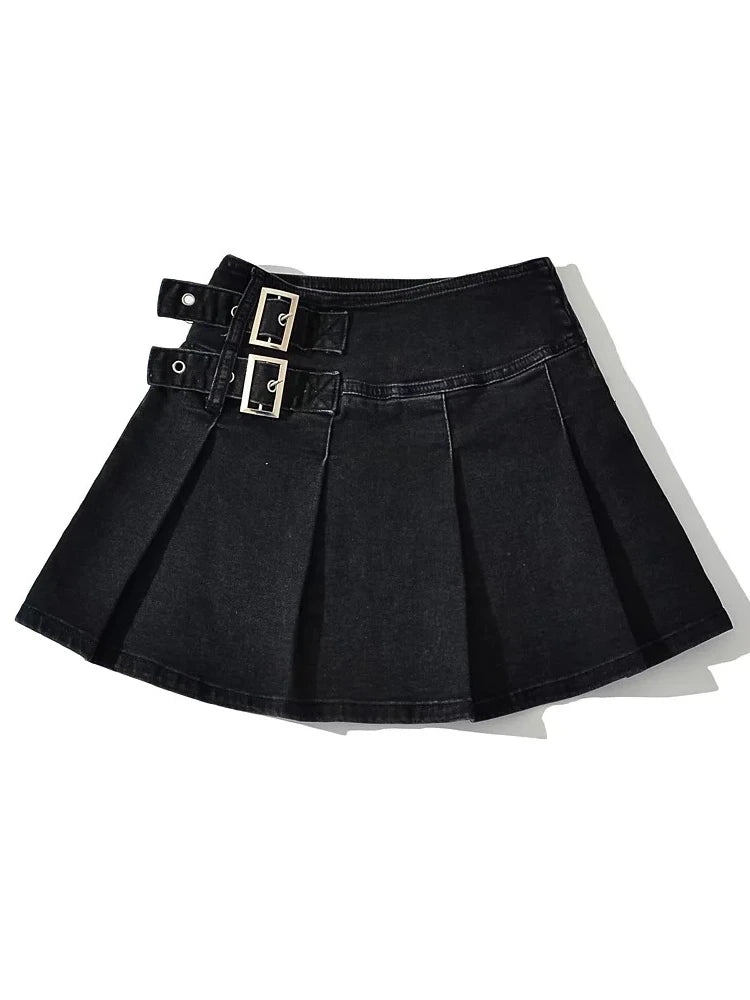 Glorol - Pleats Belt High Street Jeans Skirt