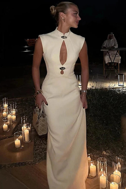 Glorol - Elegant Hollow-Out Slim Round Neck Sleeveless Maxi Dress