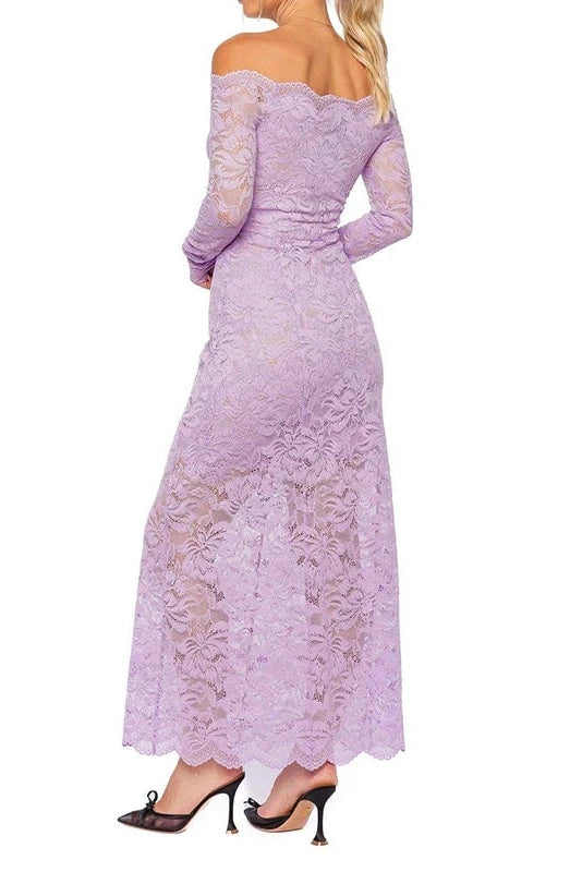Glorol - Lace Embroidery High Waist Off-Shoulder Slim Maxi Dress