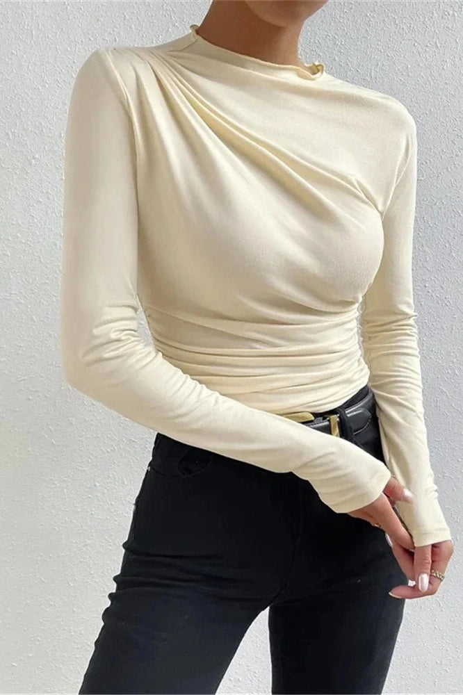 Glorol - Pleated Patchwork Long Sleeve Top