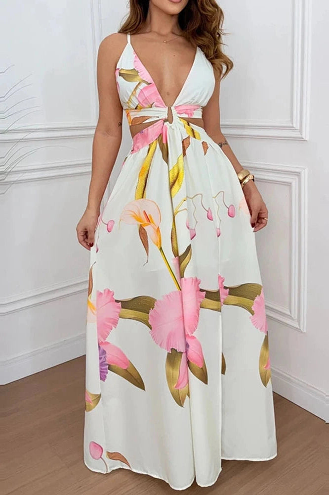 Glorol - Hollow Out V-Neck Sleeveless Backless Pleated Printed Maxi Dress
