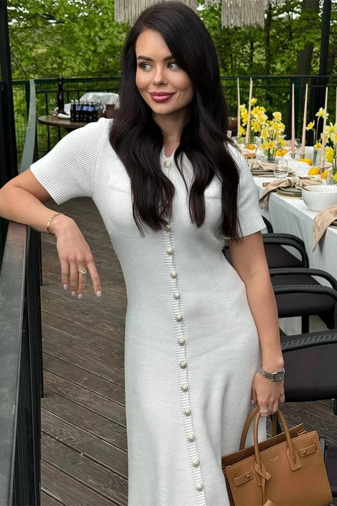 Glorol - Elegant Short Sleeve Slim High Waist Midi Dress