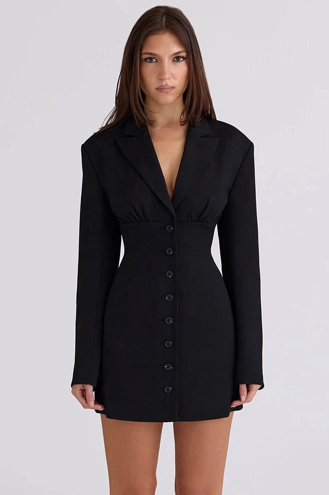 Glorol - Long Sleeve Single-Breasted V Neck High Waist Mini Dress