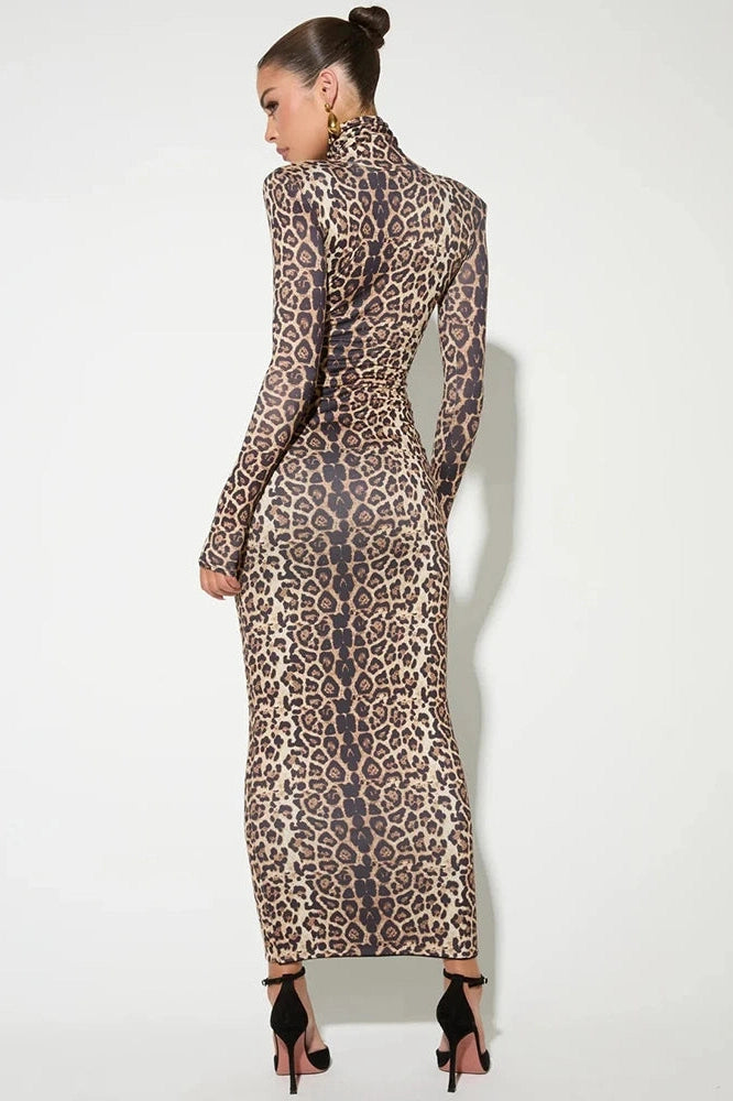 Glorol - Leopard Print Long Sleeve Turtleneck Maxi Dress