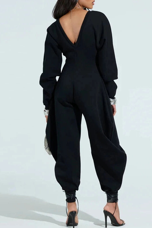 Glorol - Long Sleeve Deep V-Neck High Waist Jumpsuit