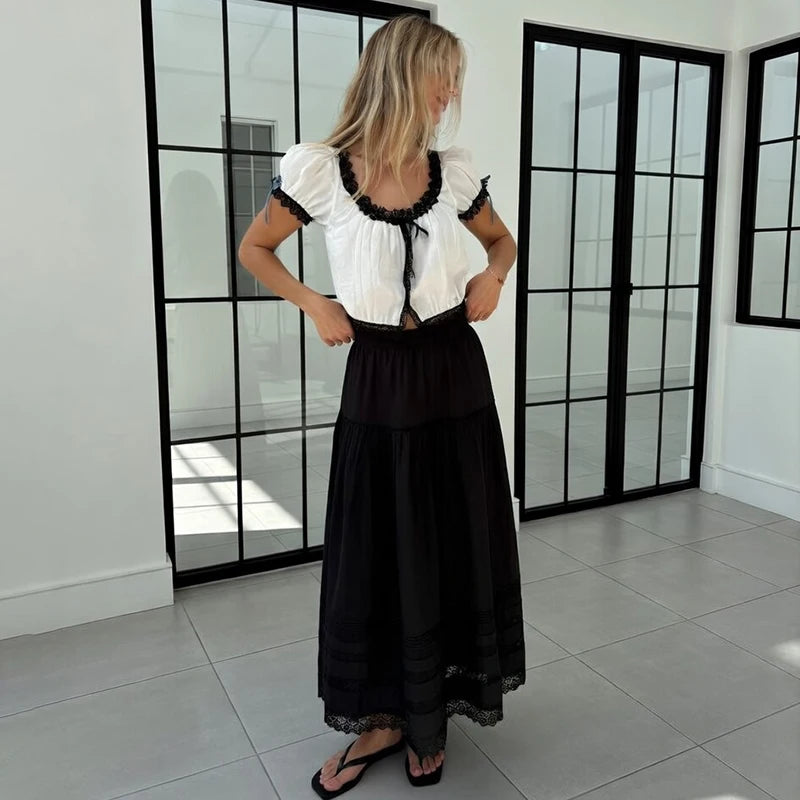 Glorol - High Waist Loose A-Line Lace Skirt