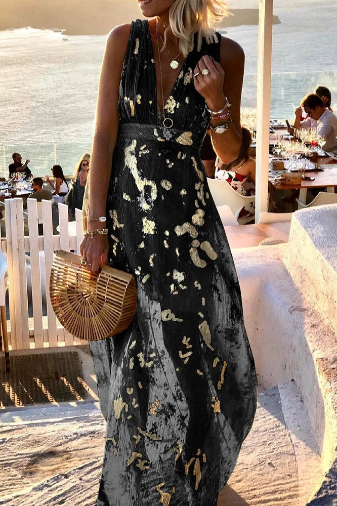 Glorol - Hollow High Waist Printed Sleeveless Deep V Neck Maxi Dress