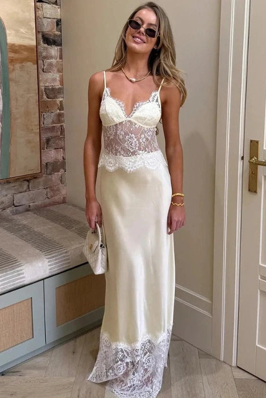 Glorol - Hollow-Out Lace Deep V-Neck Backless Slim Straps Maxi Dress