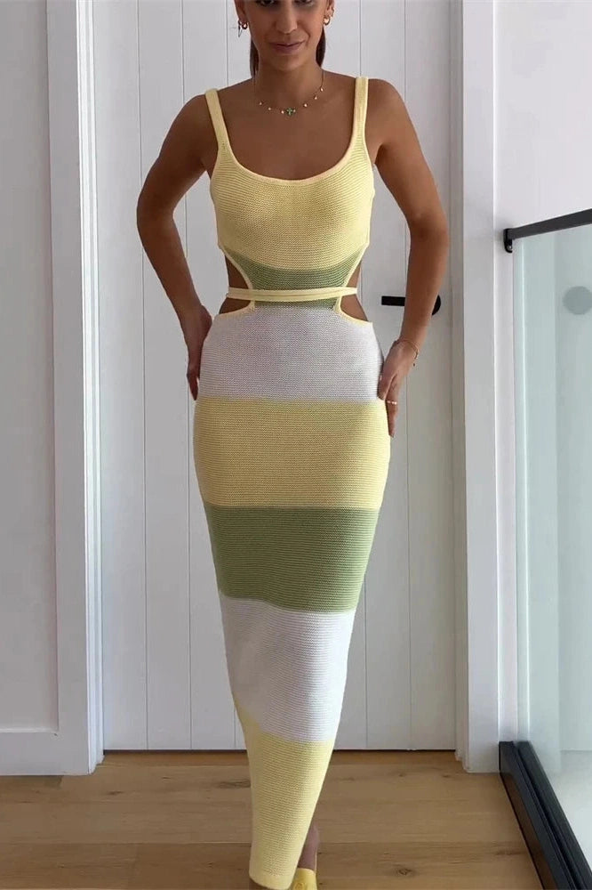 Glorol - Spaghetti Strap Knitted Backless Bodycon Maxi Dress