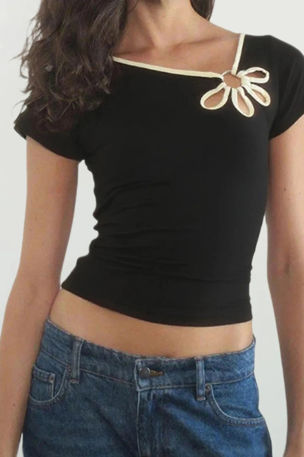 Glorol - Hollow-Out Short Sleeve Slim Fit Top