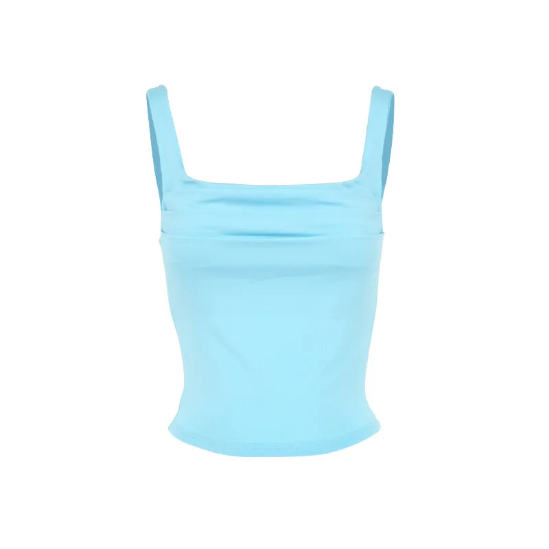 Glorol - Slim Backless Square Collar Pleated Sleeveless Top