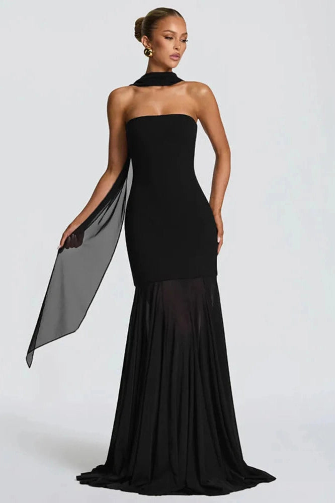 Glorol - Off-Shoulder Strapless Scarf Collar Sleeveless Backless Bodycon Maxi Dress